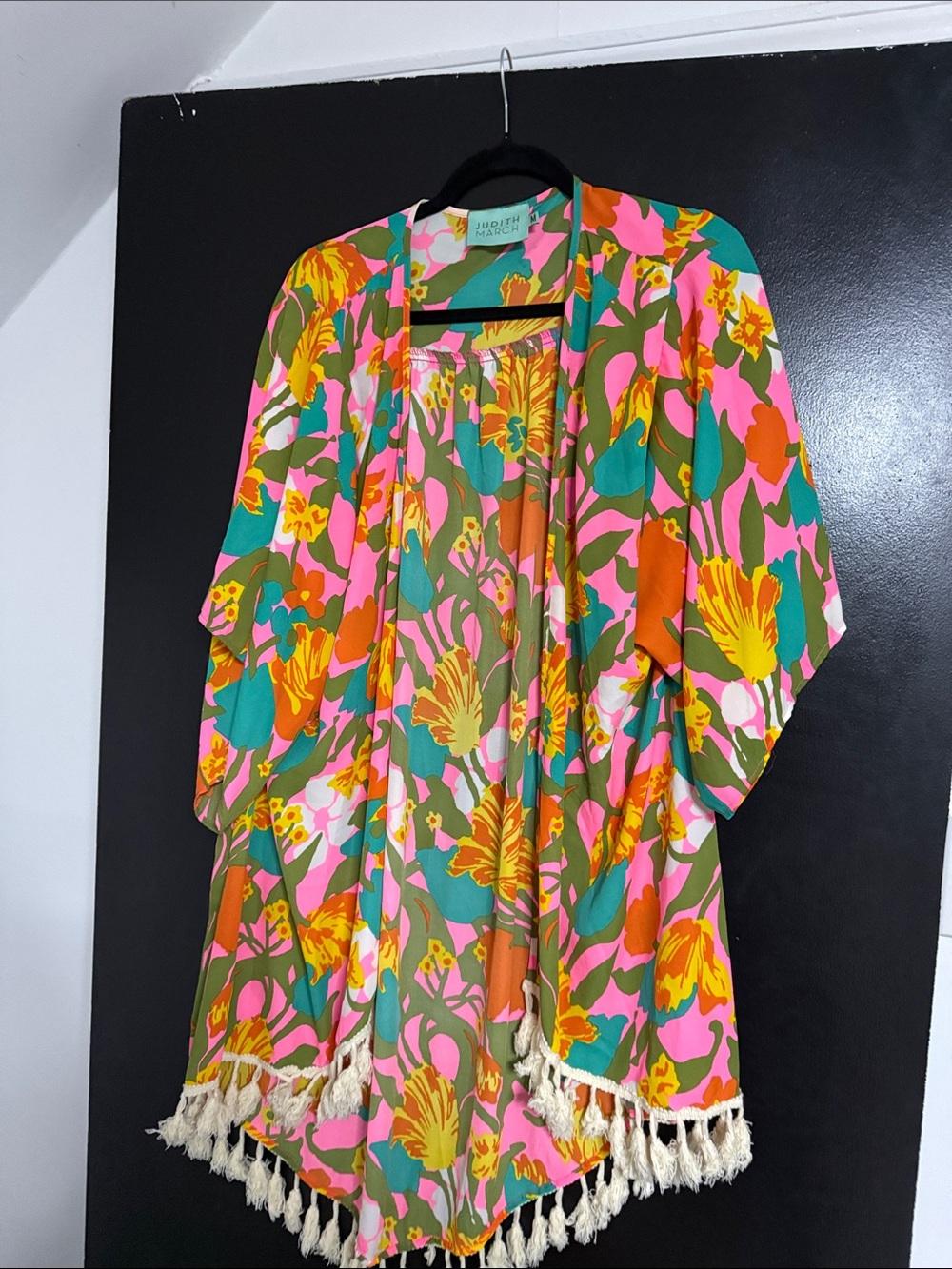 Judith March Pink Multi Floral Tassel Kimono